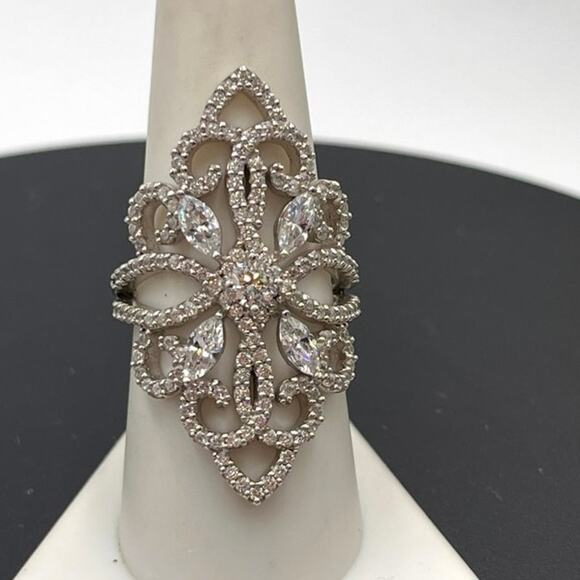 Designer Signed Sterling Silver 925 Filigree Marquise and Pave CZ Ring Sz 8.5 - Picture 10 of 11